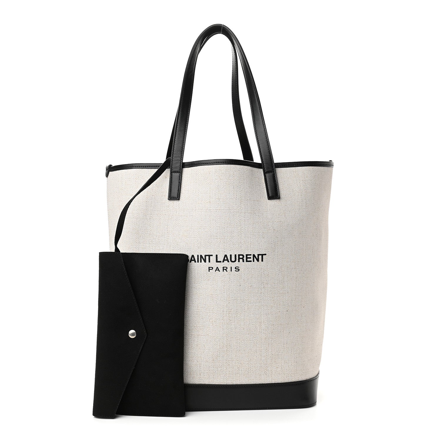 Saint Laurent Canvas Calfskin Teddy Drawstring Shopping Tote White Black 1 of 10