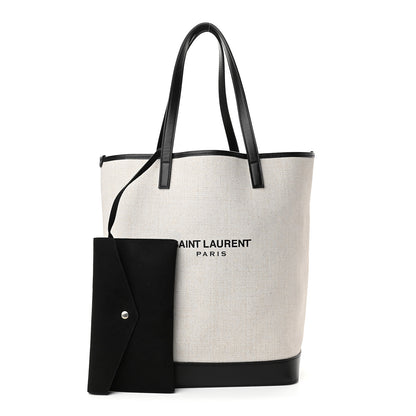 Saint Laurent Canvas Calfskin Teddy Drawstring Shopping Tote White Black 1 of 10