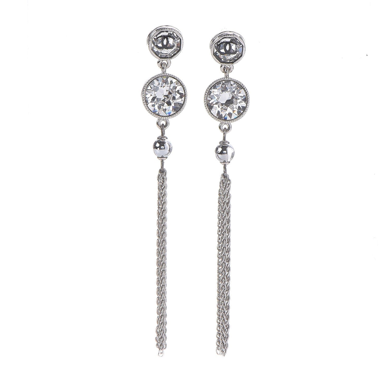 Chanel Crystal CC Chain Tassel Drop Earrings Grey 1 of 5