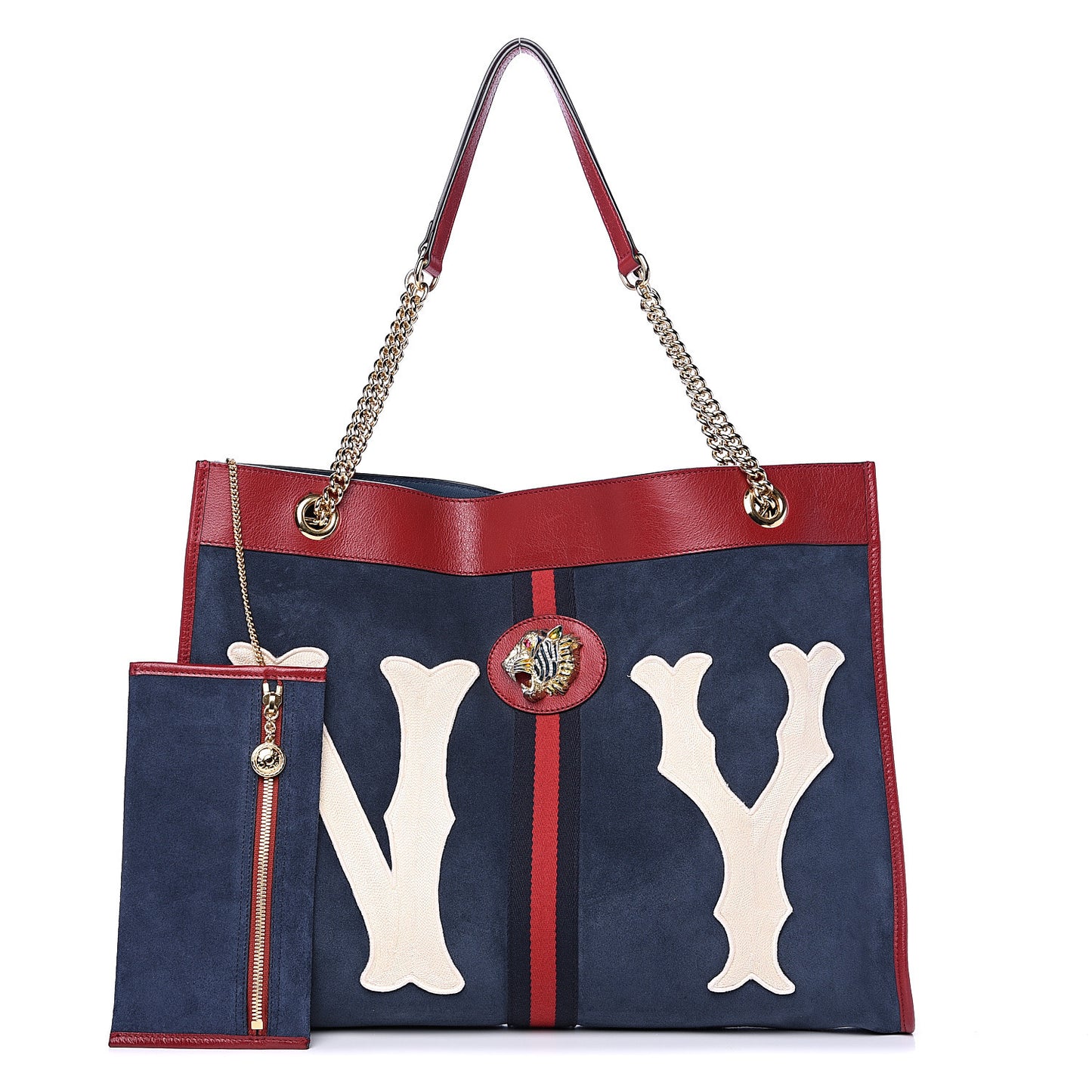 X MLB Suede Calfskin NY Yankees Large Rajah Chain Tote New Blue Romantic Cherry