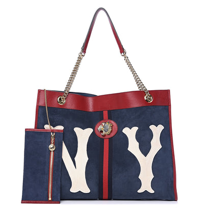Gucci X MLB Suede Calfskin NY Yankees Large Rajah Chain Tote New Blue Romantic Cherry 1 of 10