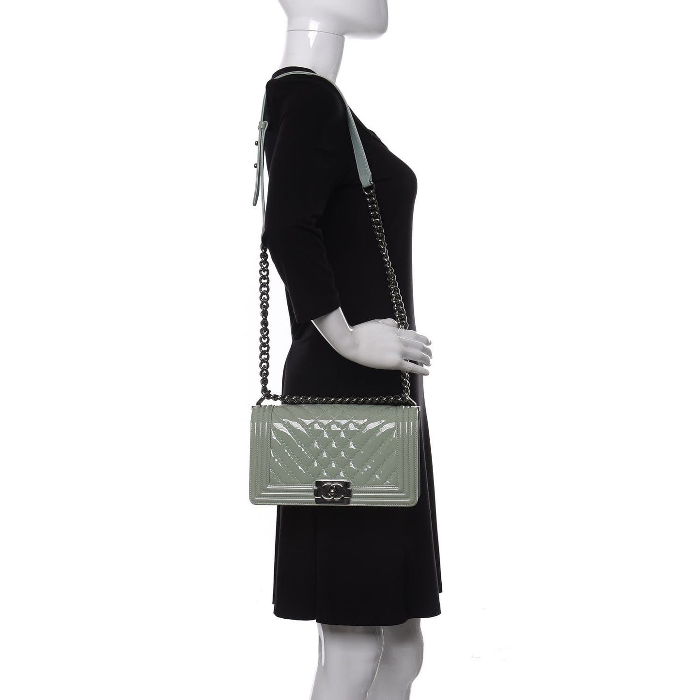 Patent Chevron Quilted Medium Boy Flap Green