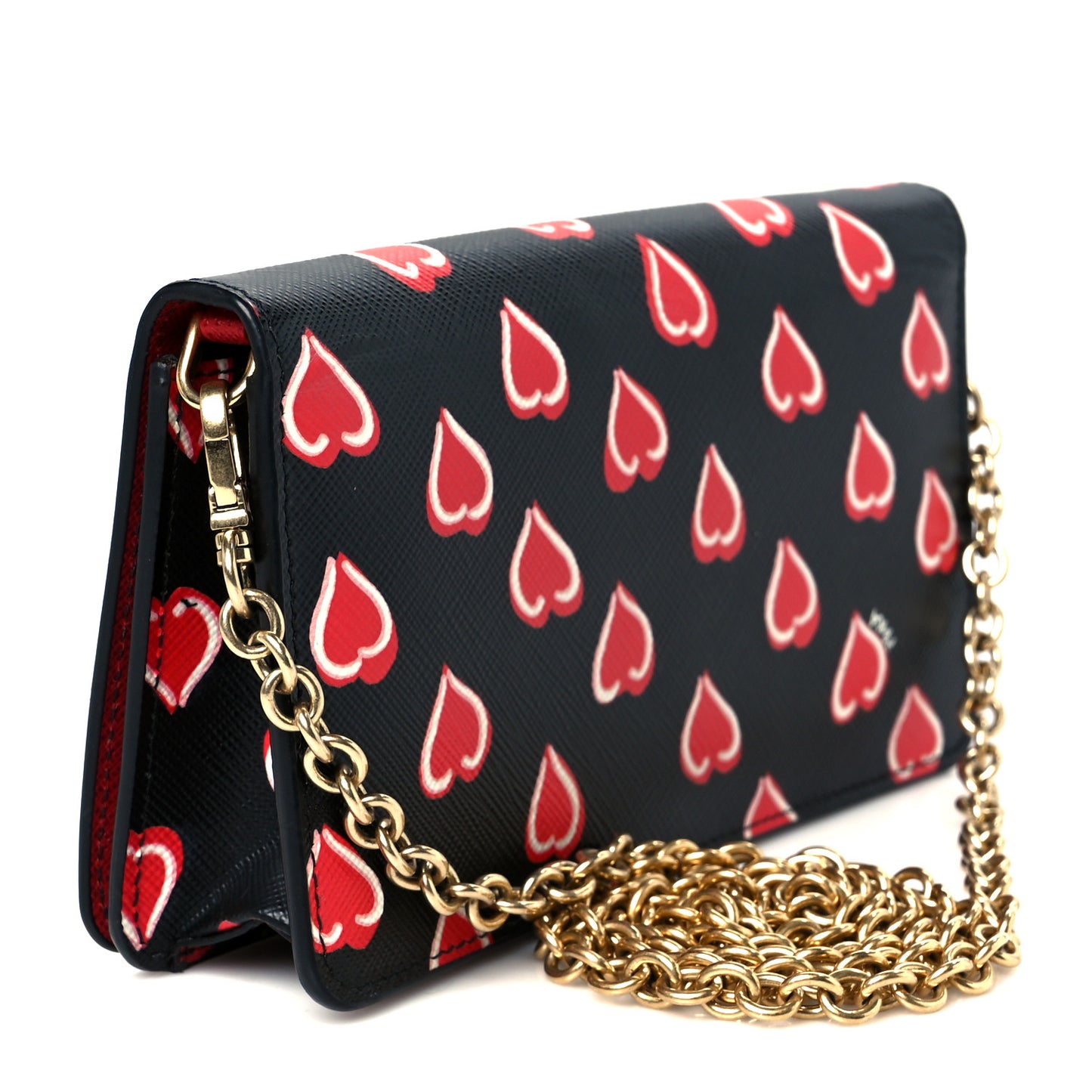 Saffiano Heart Print Mini Wallet On Chain Black