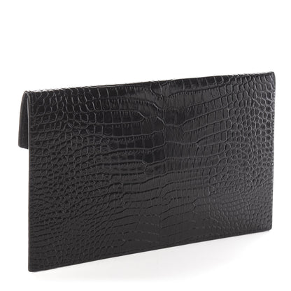 Saint Laurent Calfskin Crocodile Embossed Uptown Monogram Clutch Black 2 of 5