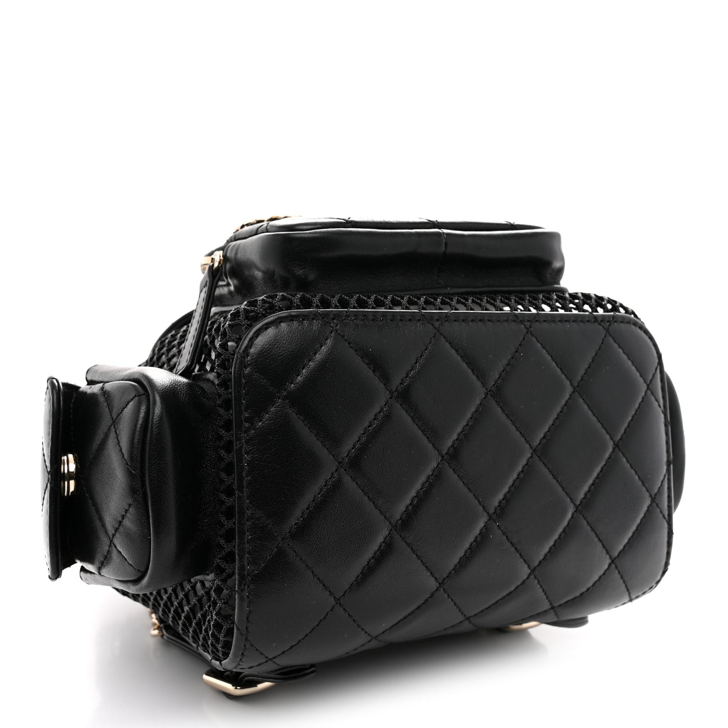 Shiny Lambskin Mesh Quilted Small Cargo Duma Drawstring Backpack Black