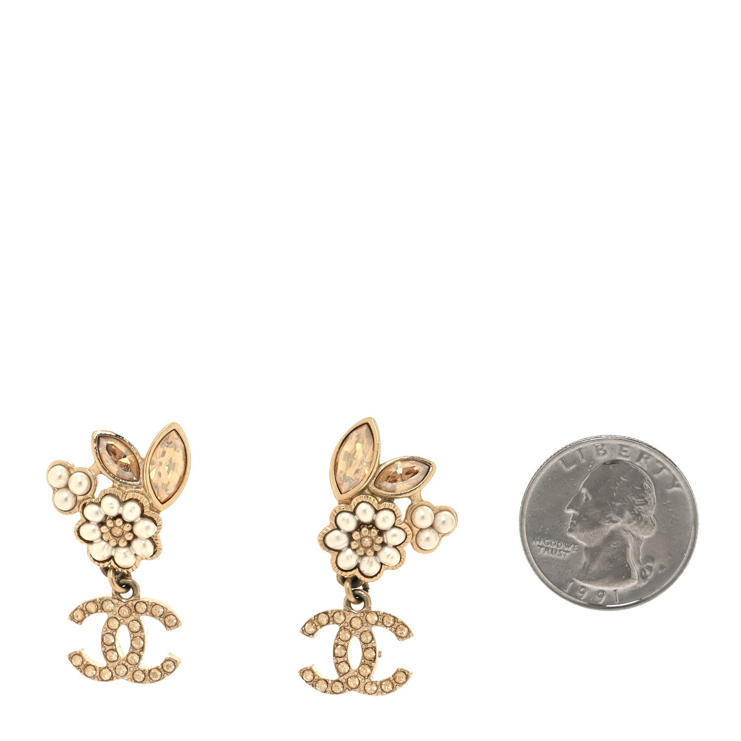 Chanel Pearl Crystal CC Flower Drop Earrings Gold Light Brown Pearly White 2 of 5