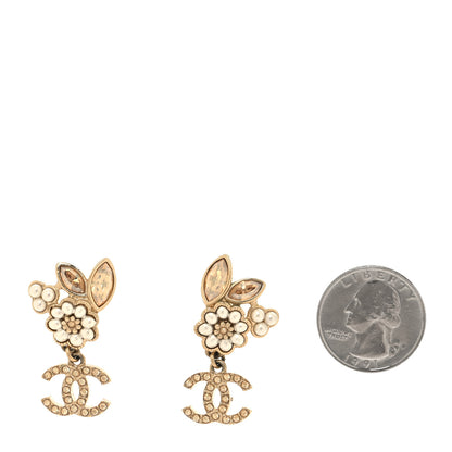 Chanel Pearl Crystal CC Flower Drop Earrings Gold Light Brown Pearly White 2 of 5