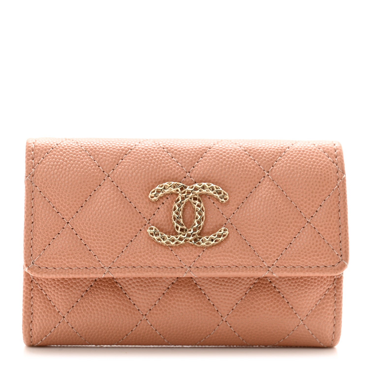 Chanel Caviar Metal Perforated Quilted CC Flap Card Holder Beige 1 of 9