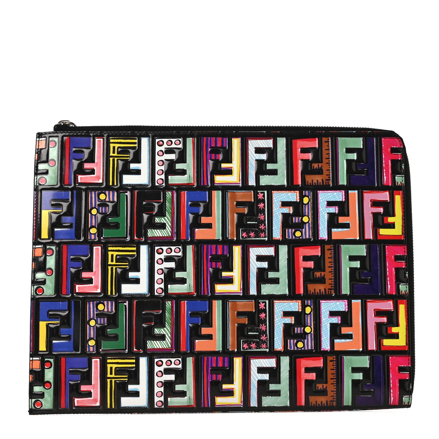 Fendi Vitello Dolce Fun Fair Embossed Zip Around Pouch Black Multicolor 1 of 8
