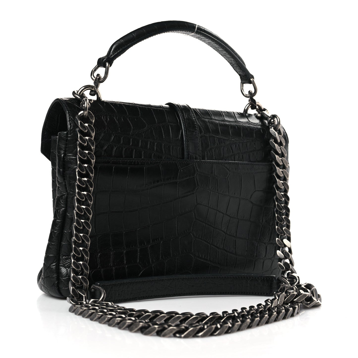Calfskin Crocodile Embossed College Monogram Satchel Black