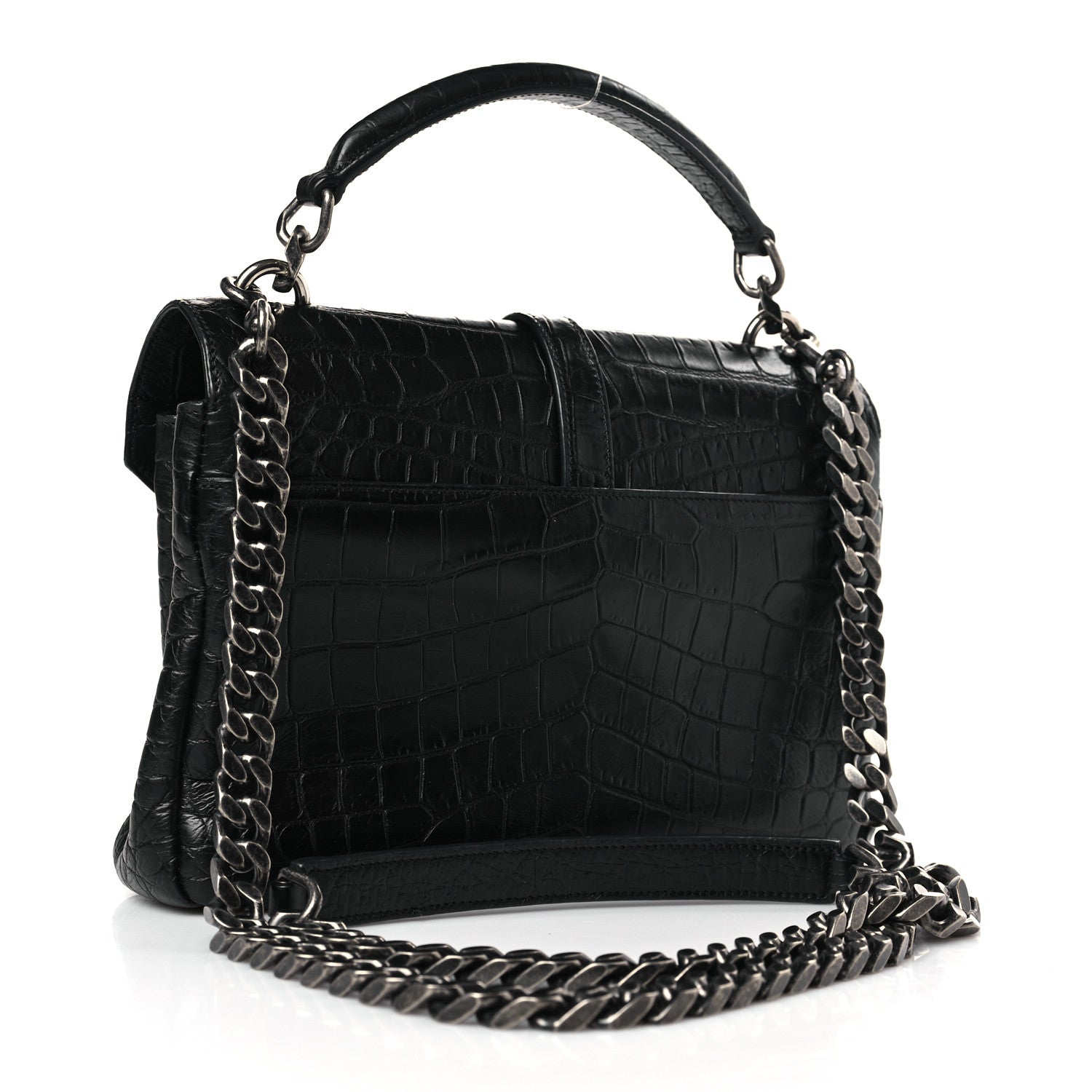 Saint Laurent Calfskin Crocodile Embossed College Monogram Satchel Black 3 of 8