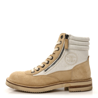Chanel Toile Suede Calfskin CC Lace Up Short Boots 39 Light Beige 1 of 10