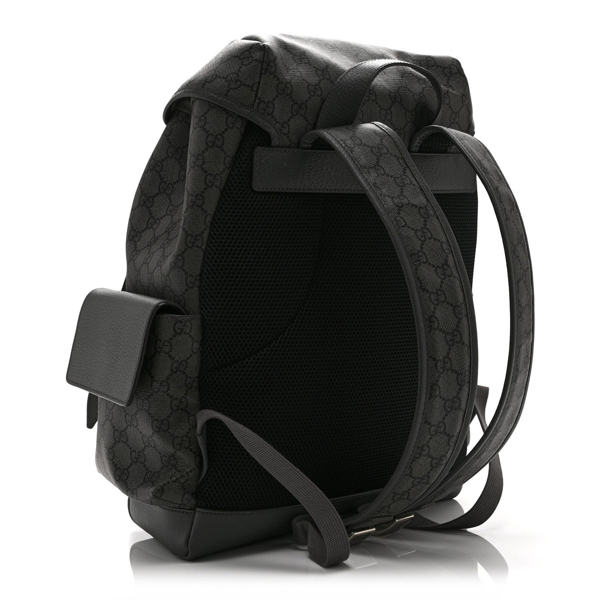 GG Supreme Monogram Textured Dollar Calfskin Medium Ophidia Double Buckle Backpack Grey Black Graphite Grey