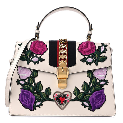 Gucci Calfskin Embroidered Medium Sylvie Top Handle Bag White 1 of 10