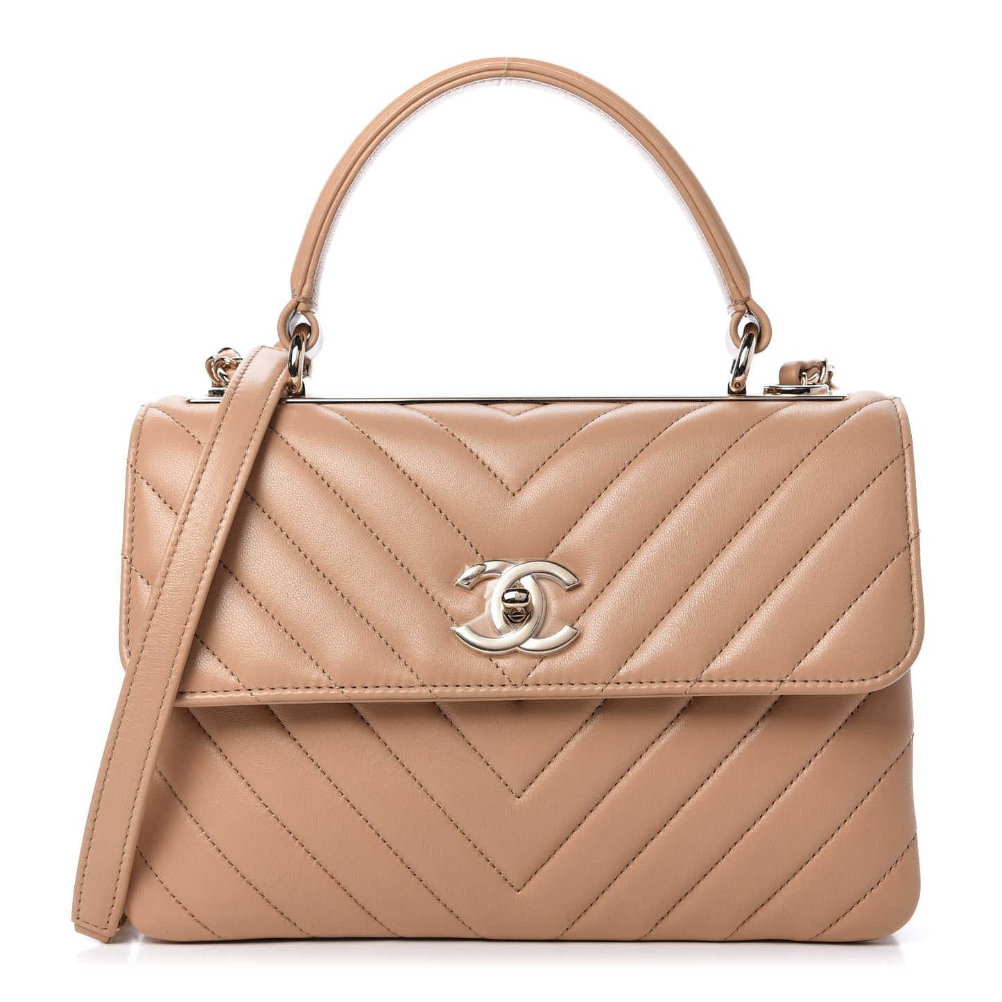 Lambskin Chevron Quilted Small Trendy CC Dual Handle Flap Bag Beige