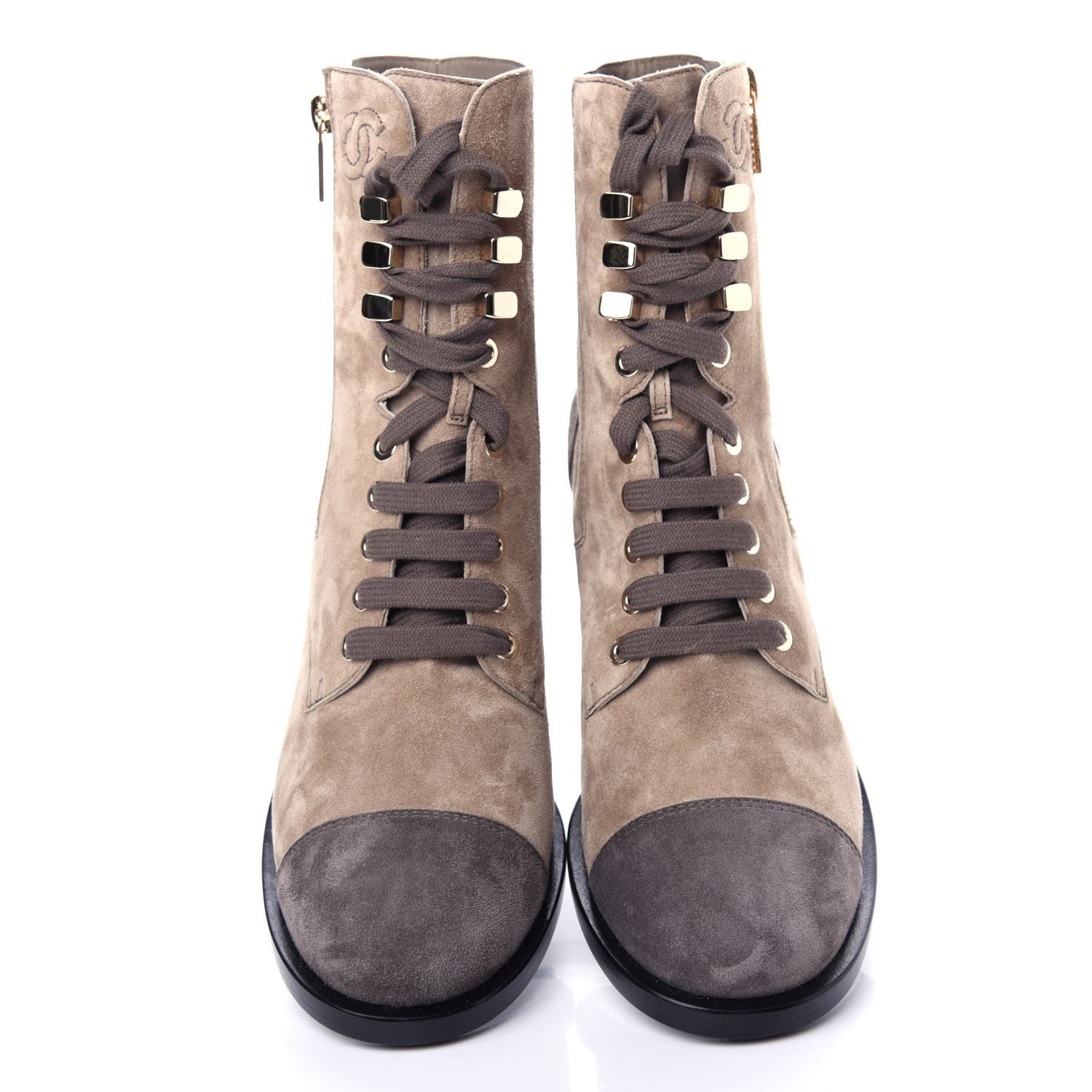 Chanel Suede Calfskin CC Lace Up Short Boots 39.5 Light Beige 5 of 10