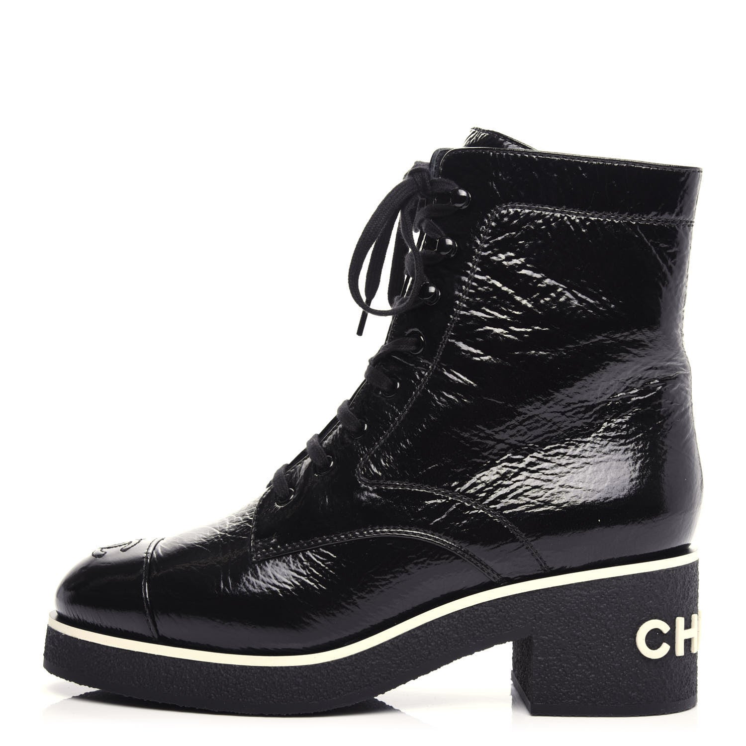 Chanel Shiny Crumpled Lambskin Lace Up Combat Boots 42 Black 1 of 11
