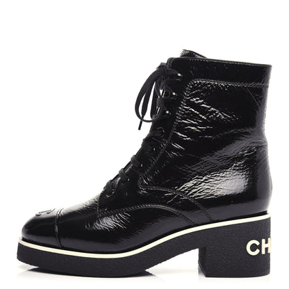 Chanel Shiny Crumpled Lambskin Lace Up Combat Boots 42 Black 1 of 11
