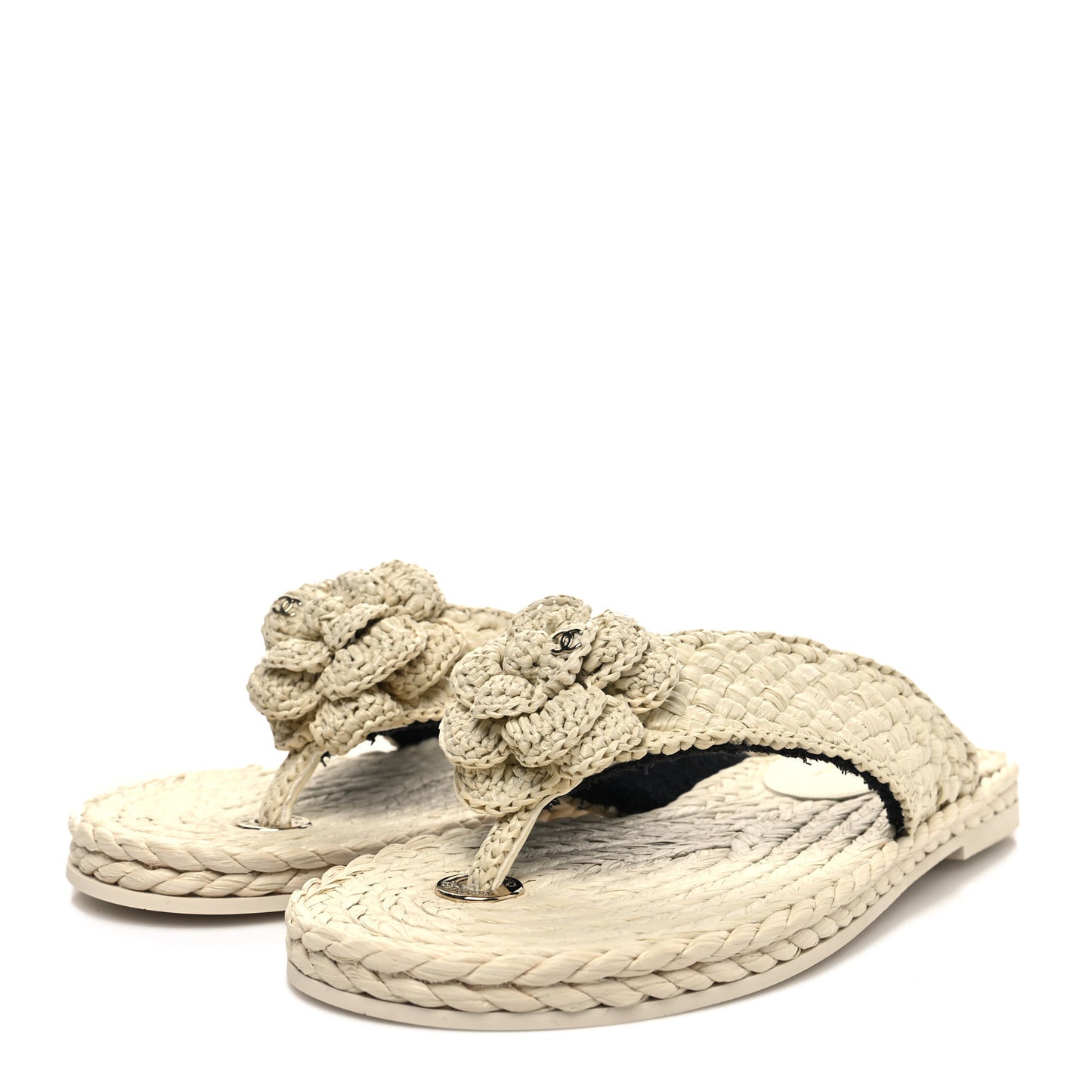 Raffia Camellia Flower Thong Sandals 37 Ivory