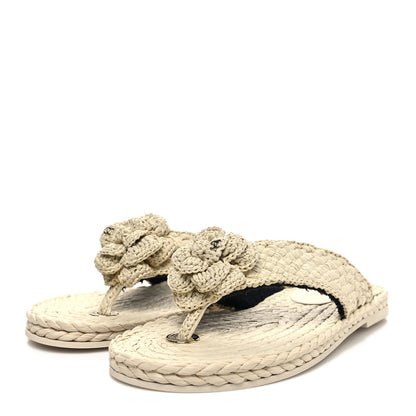 Chanel Raffia Camellia Flower Thong Sandals 37 Ivory 3 of 8