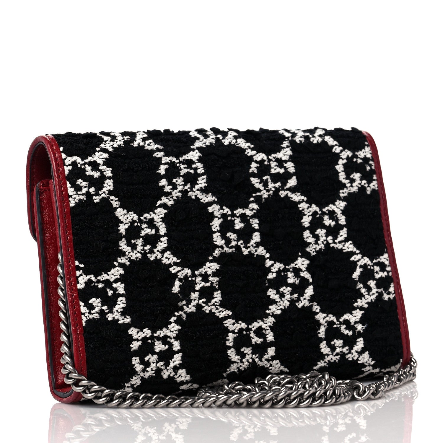 Gucci Tweed GG Monogram Mini Dionysus Chain Wallet Black White Romantic Cherry 3 of 8