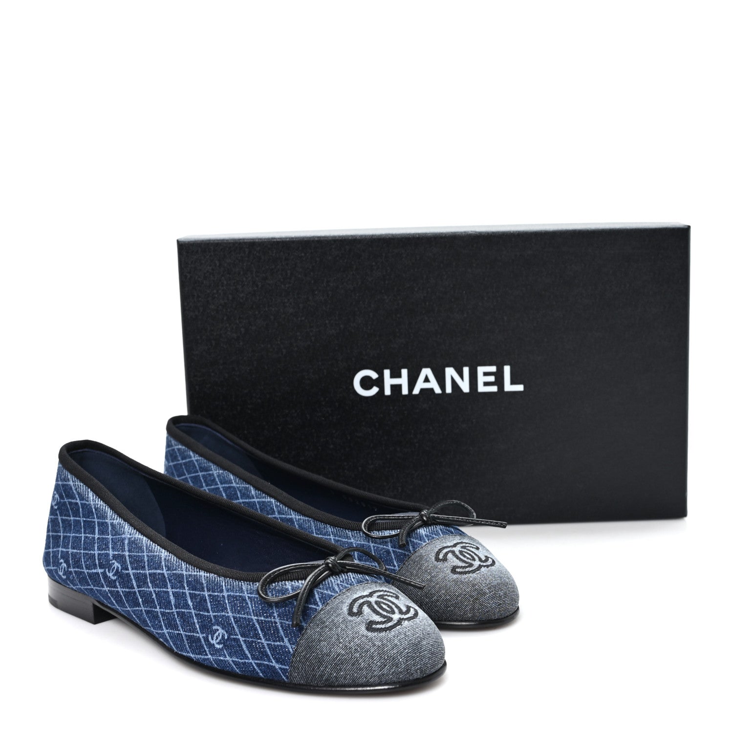 Chanel Denim Printed Quilt CC Cap Toe Ballerina Flats 37 Navy Blue Dark Grey 10 of 10