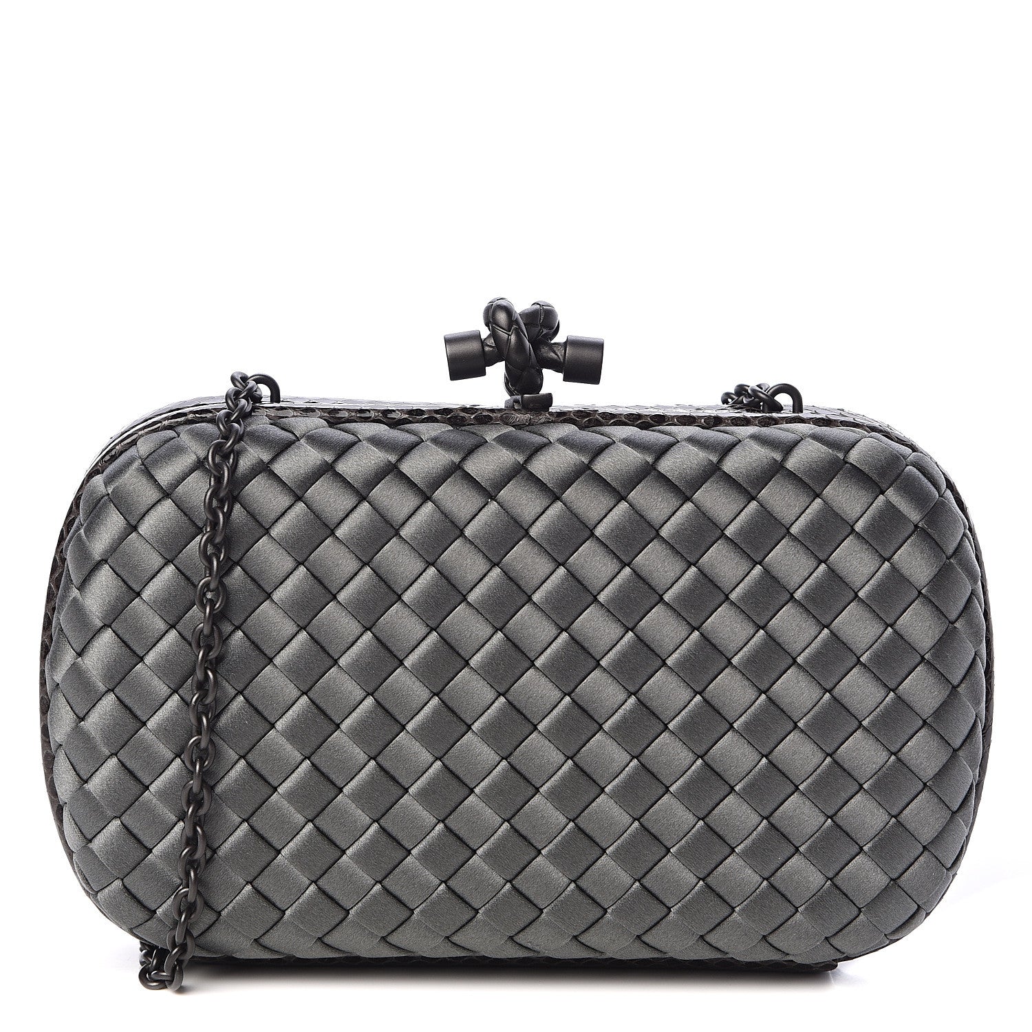 Bottega Veneta Satin Ayers Intrecciato Chain Knot Clutch Grey 1 of 9