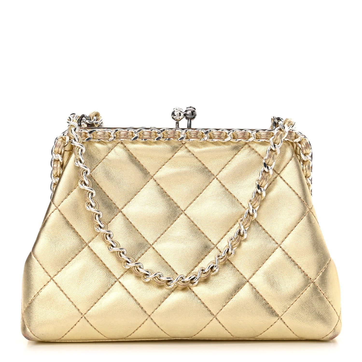 Chanel Metallic Lambskin Quilted Chain Around Kiss Lock Evening Clutch Gold 1 of 15