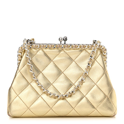 Chanel Metallic Lambskin Quilted Chain Around Kiss Lock Evening Clutch Gold 1 of 15
