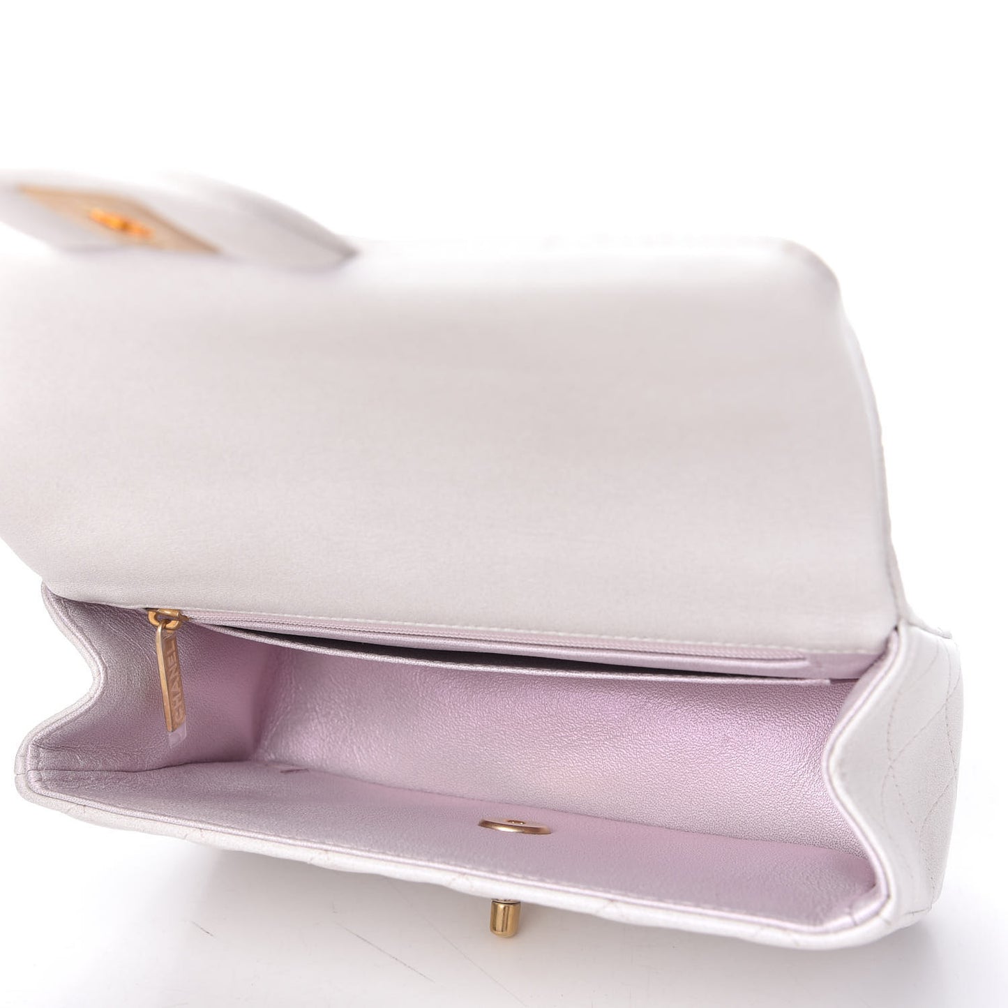 Iridescent Lambskin Quilted Mini Top Handle Rectangular Flap White