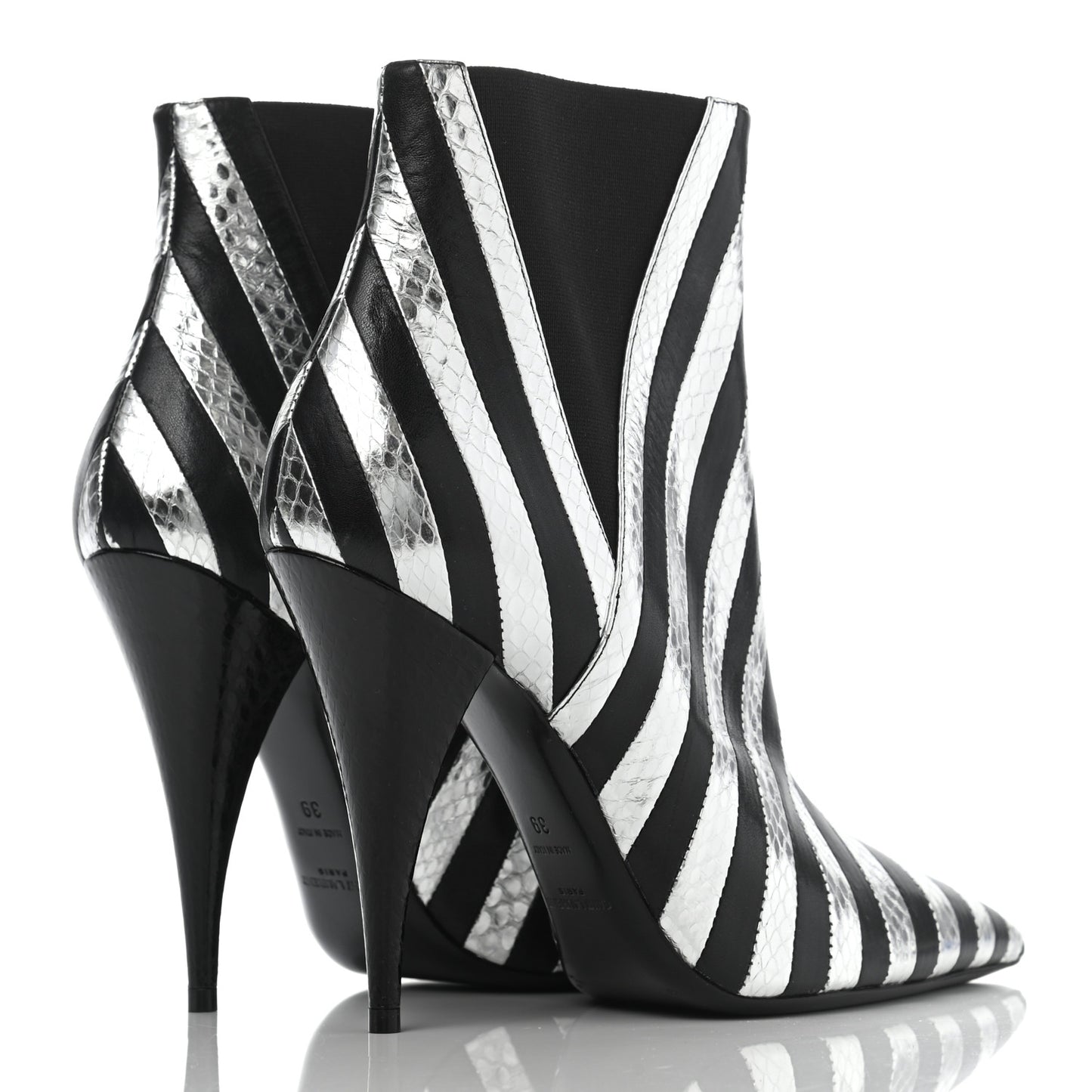 Calfskin Snakeskin Effect Kiki Contrast Stripe Chelsea Pointed Toe Ankle Boots 39 Black Silver