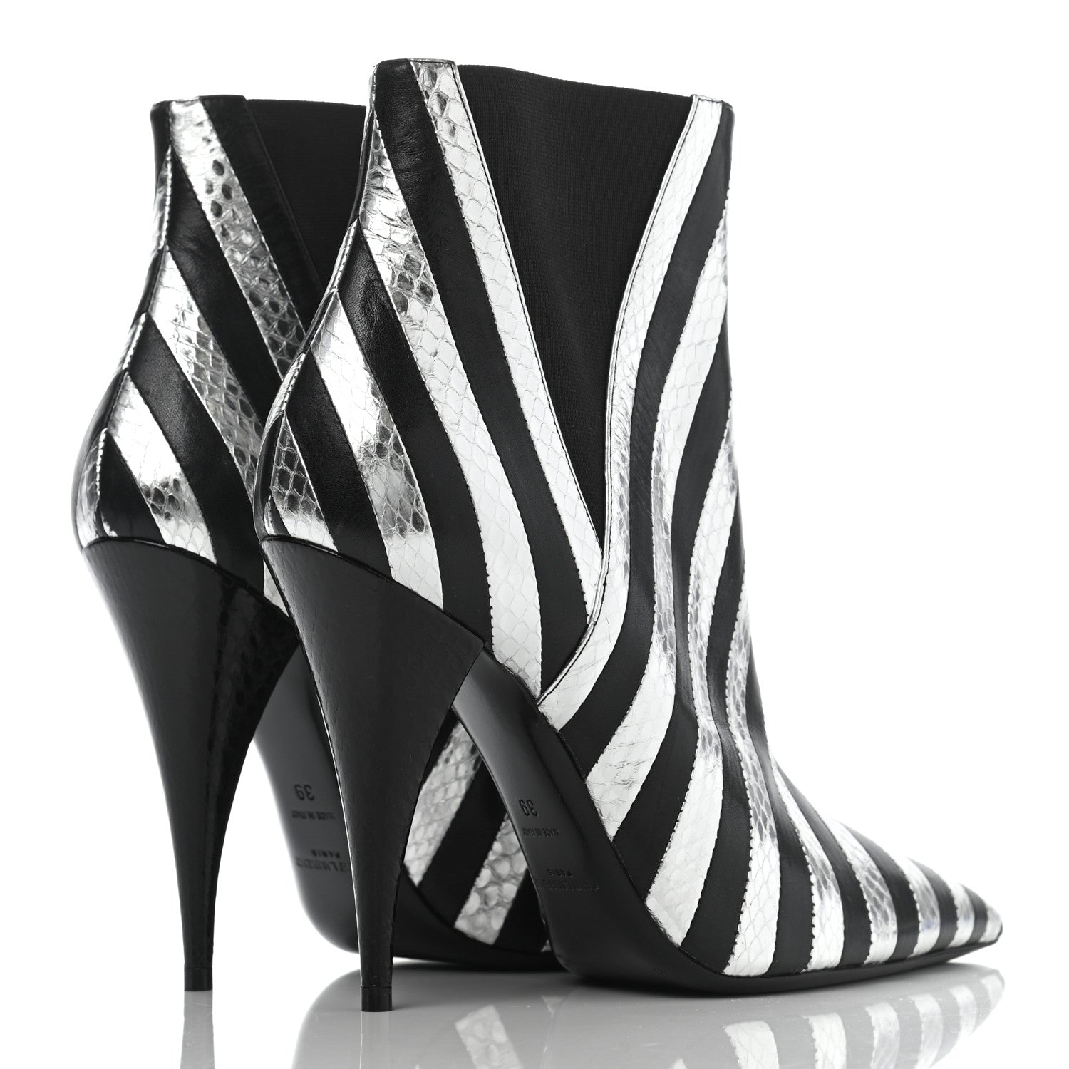 Saint Laurent Calfskin Snakeskin Effect Kiki Contrast Stripe Chelsea Pointed Toe Ankle Boots 39 Black Silver 4 of 12