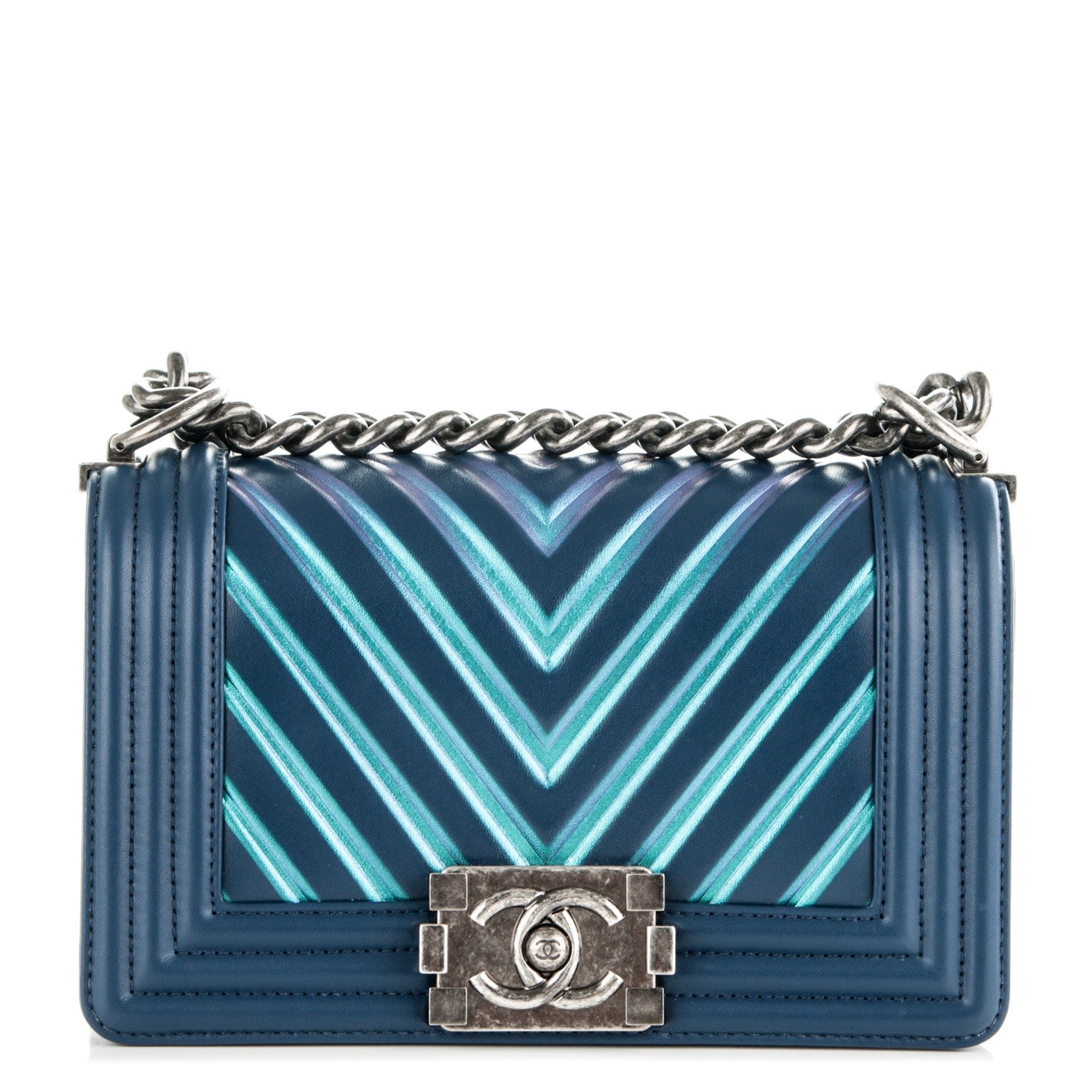 Chanel Calfskin Painted Chevron Embossed Small Boy Flap Dark Blue 1 of 7