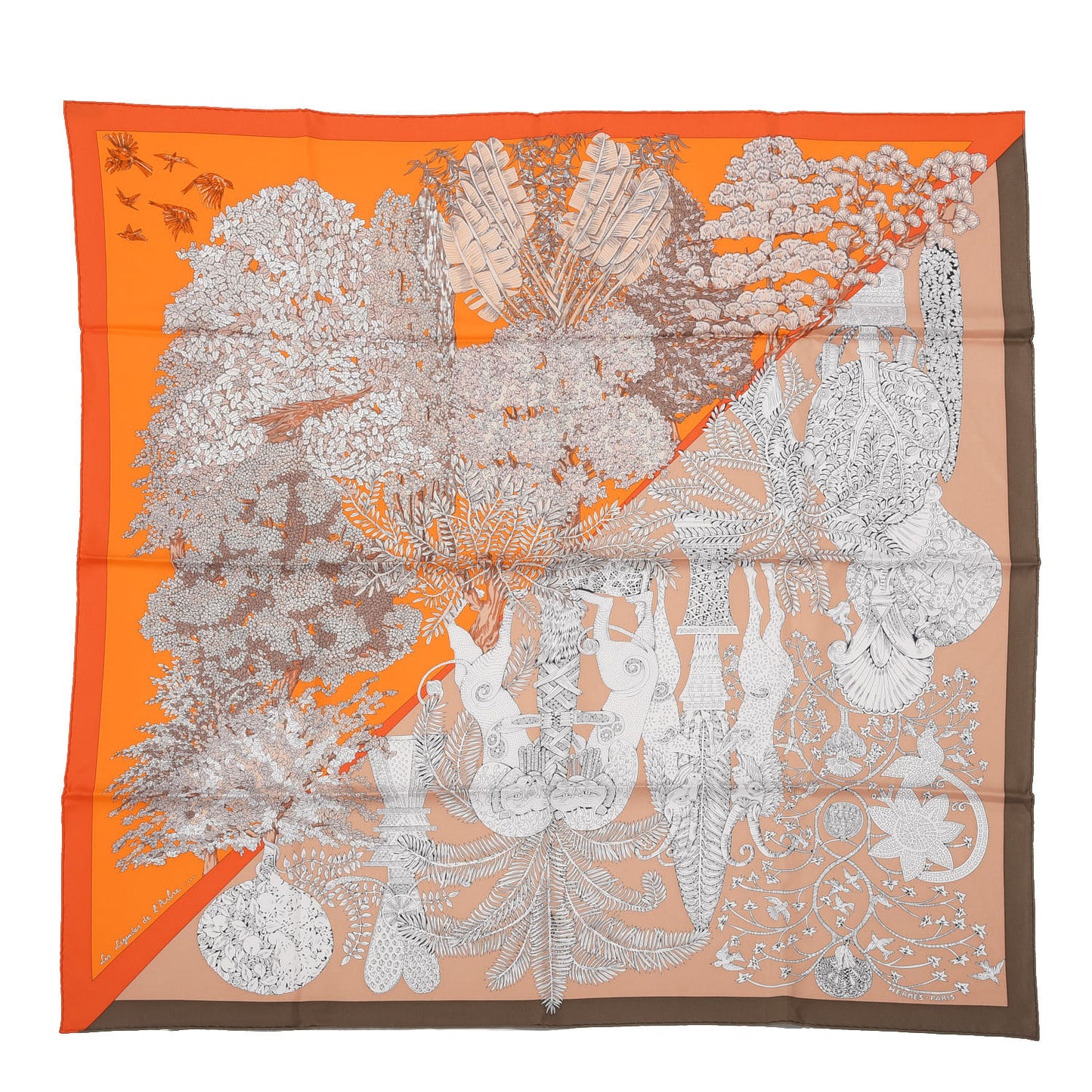 Silk Les Legendes de L'Arbre Scarf 90 Beige Rose Orange Brun
