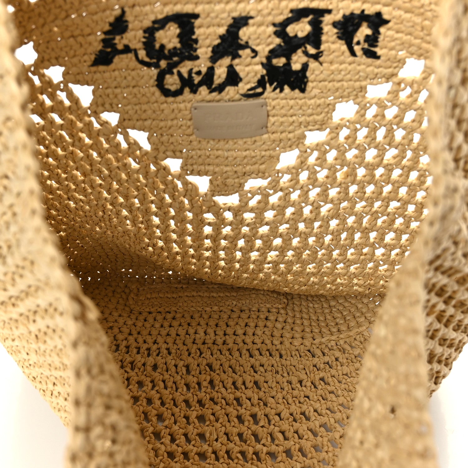 Prada Yarn Raffia Effect Crochet Logo Embroidered Shopping Tote Bag Naturale 5 of 8