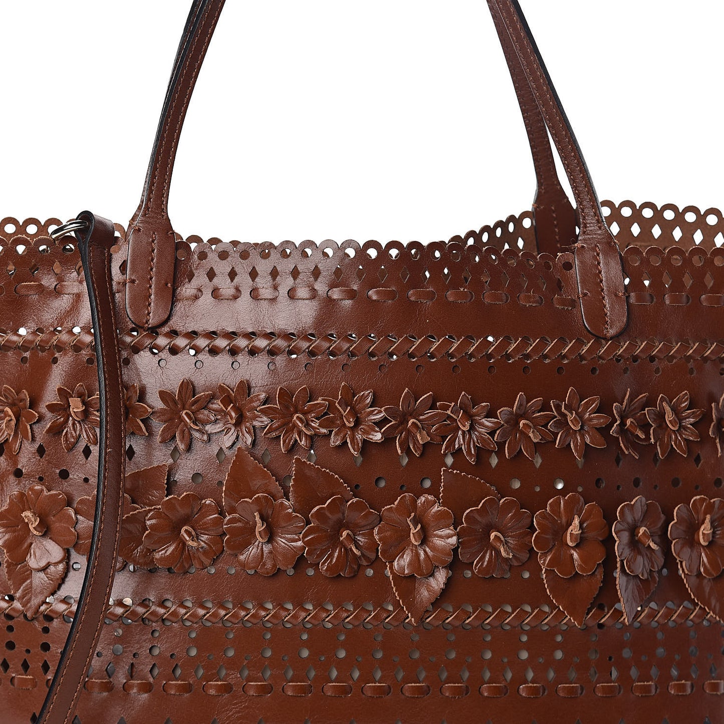 Calfskin Punched Lace Floral Tote Cognac