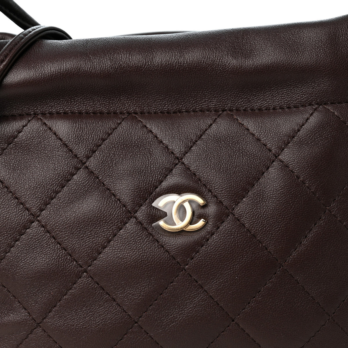 Lambskin Quilted Drawstring Clutch With Strap Dark Brown