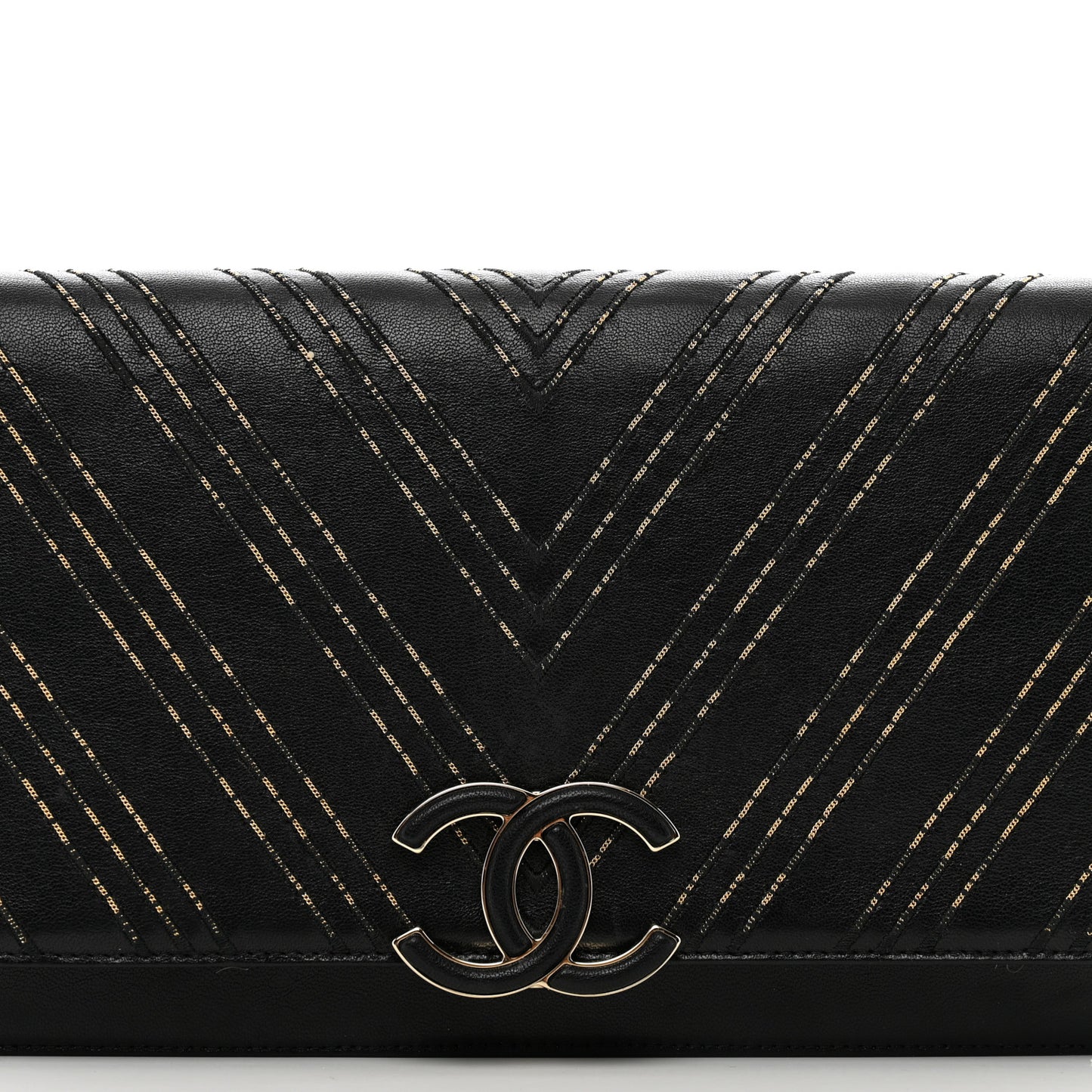 Lambskin Chain Chevron CC Clutch Black