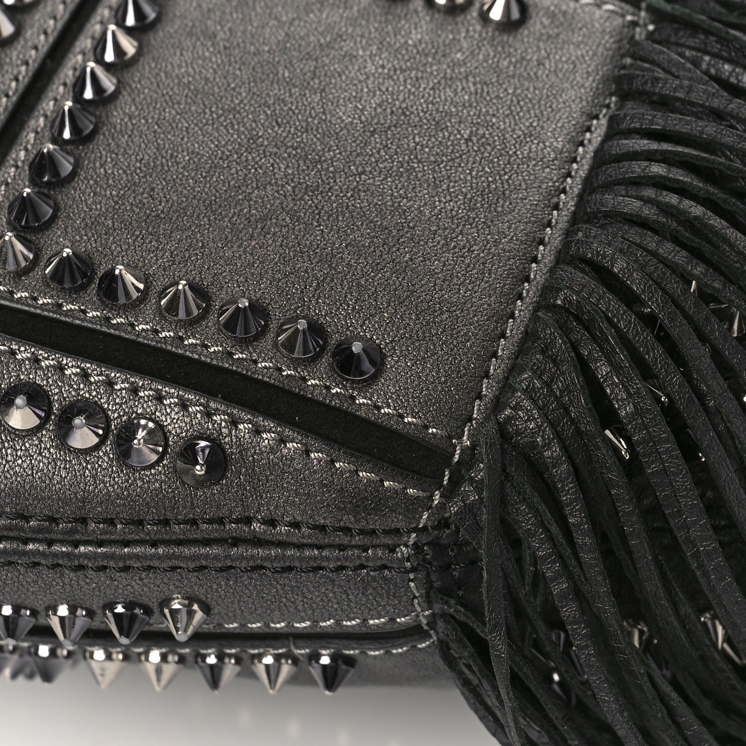 Christian Louboutin Metallic Sheepskin Spikes Fringed Lucky L Hobo Anthracite 8 of 11