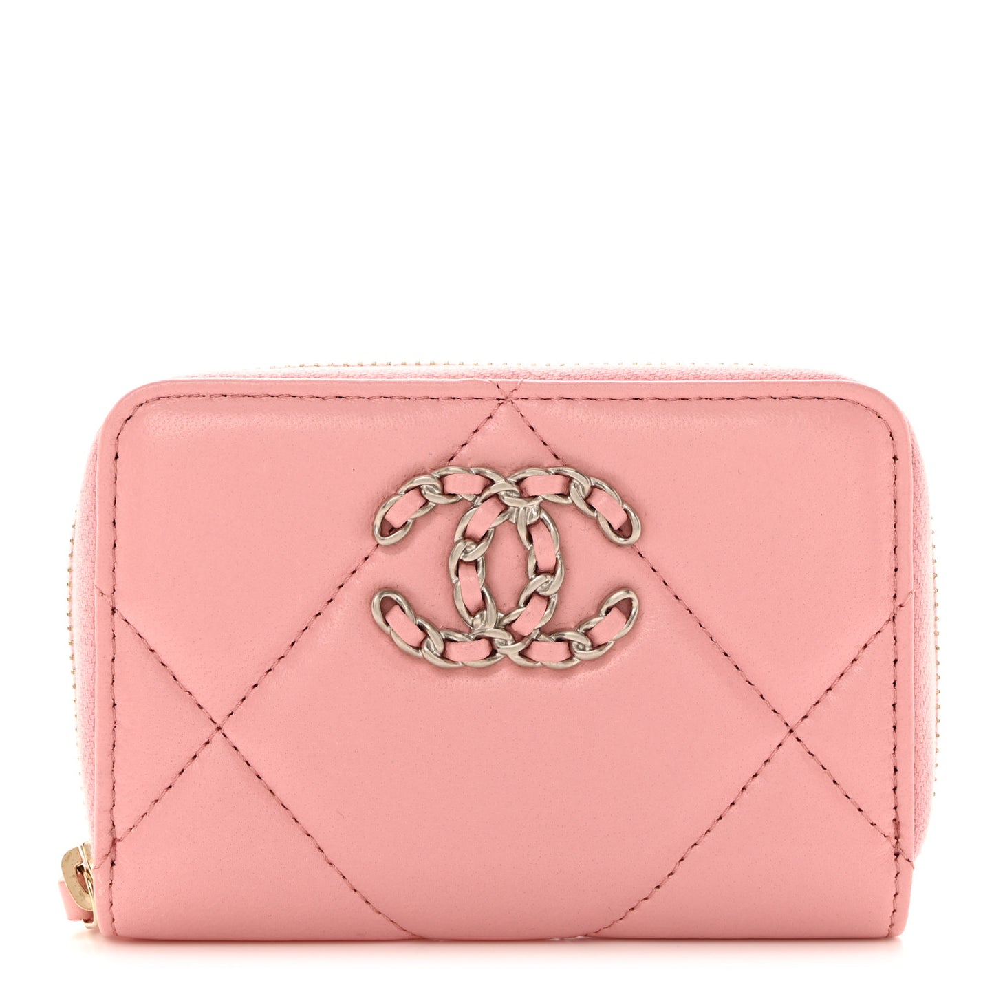 Lambskin Quilted Chanel 19 Zip Around Coin Purse Wallet Light Pink