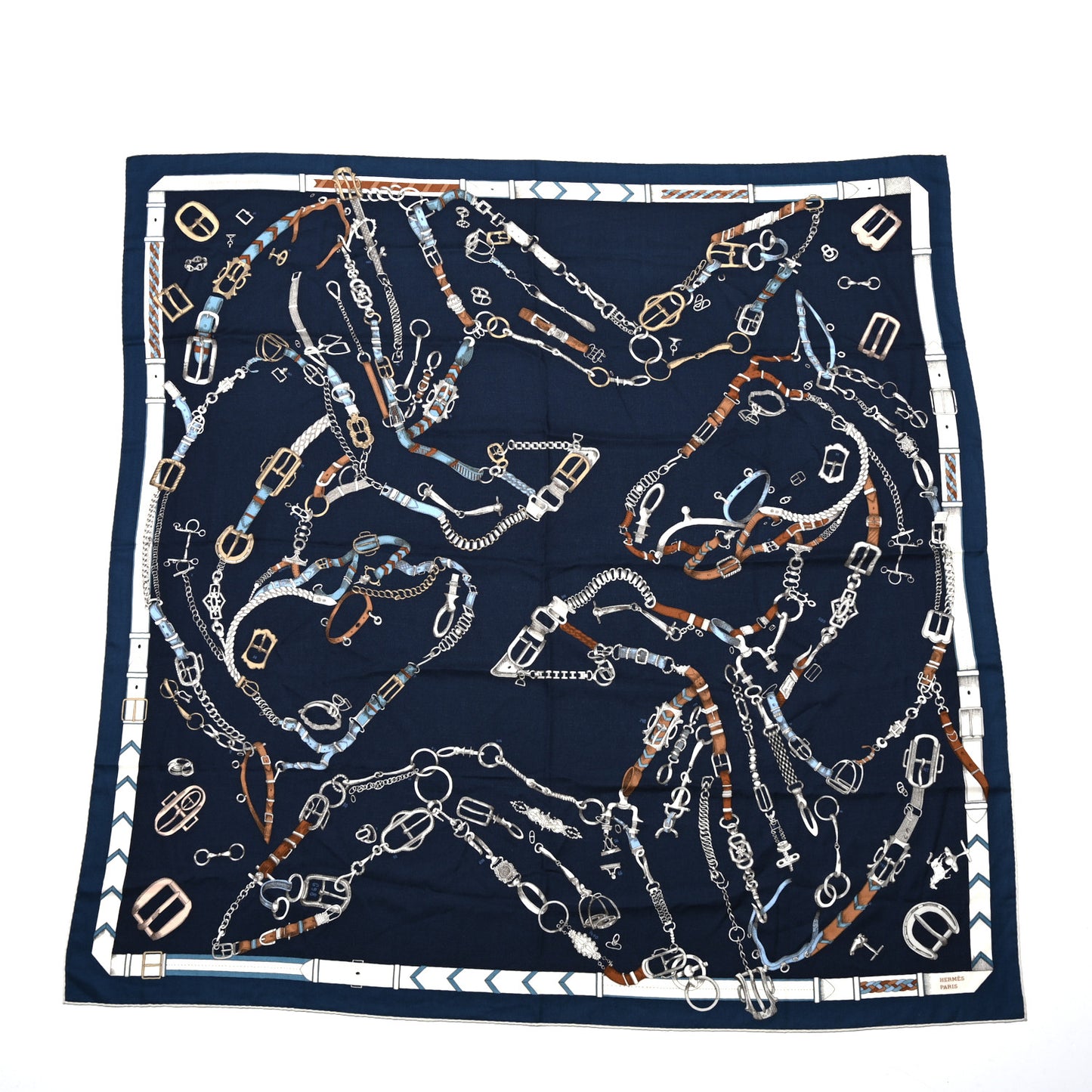 Cashmere Silk Chevaux Dechaines Shawl 140 Marine Fonce White Noisette