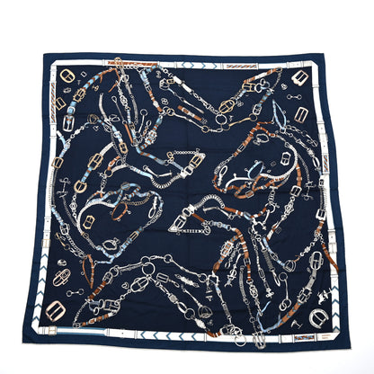Hermes Cashmere Silk Chevaux Dechaines Shawl 140 Marine Fonce White Noisette 1 of 6