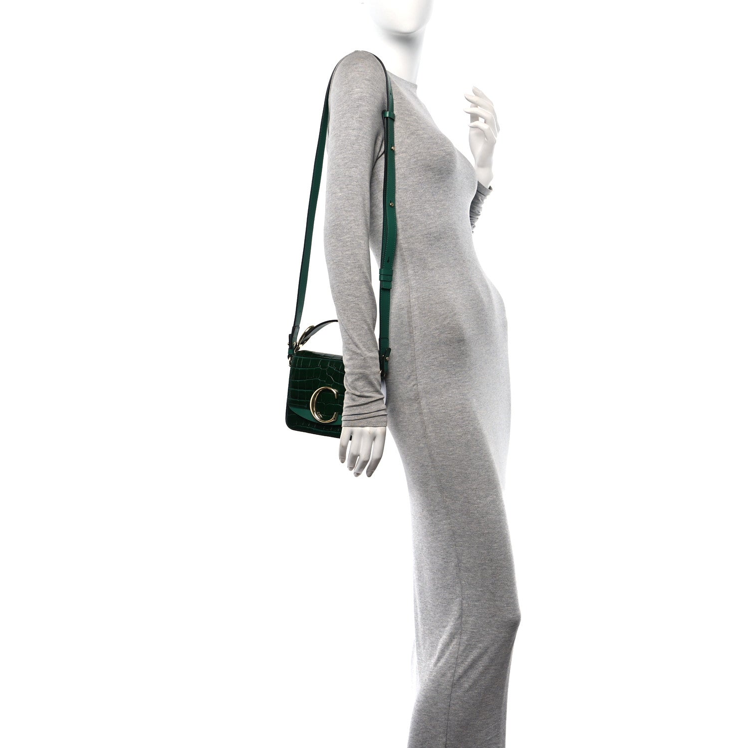 Chloe Calfskin Crocodile Embossed Mini C Double Carry Woodsy Green 2 of 9