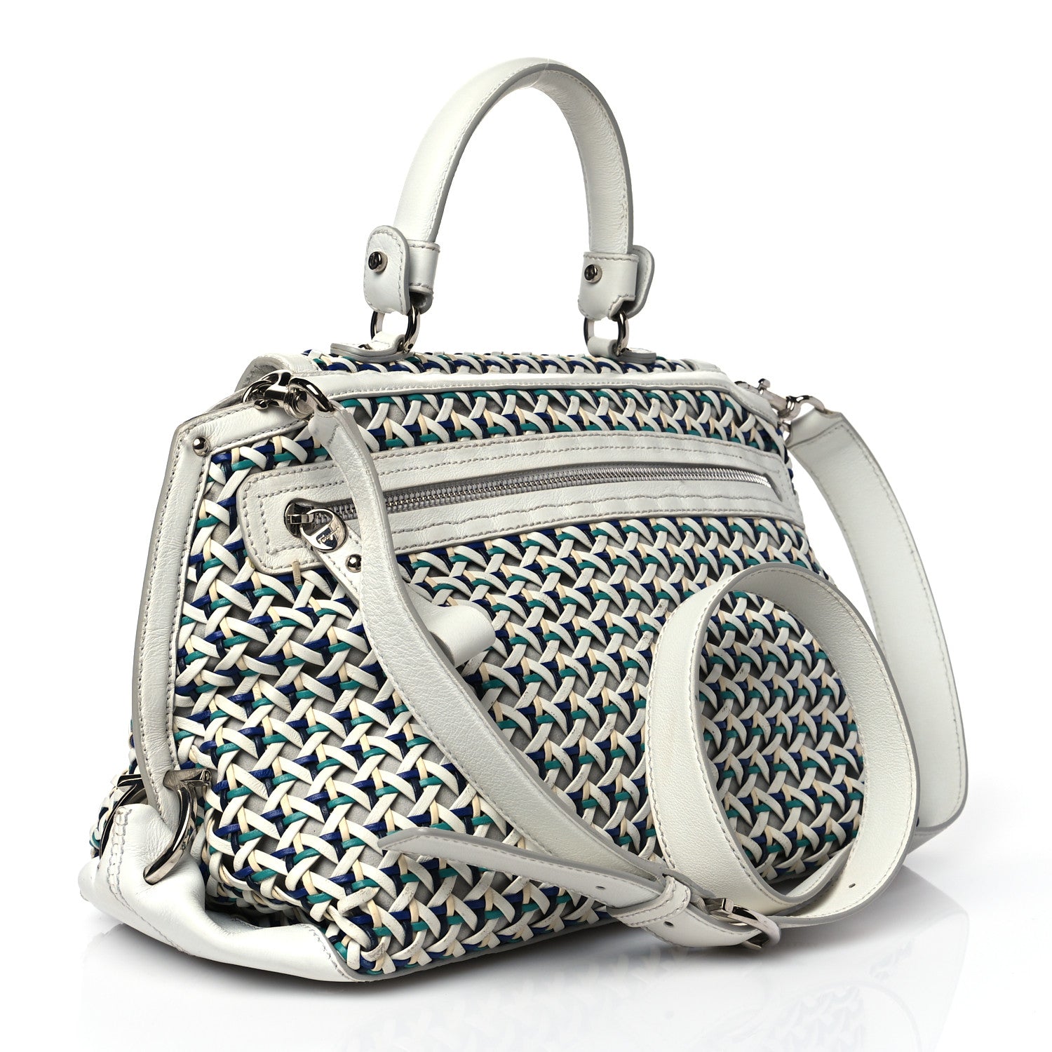 Salvatore Ferragamo Woven Nappa Sofia Satchel White Cream Teal Bright Blue 3 of 10