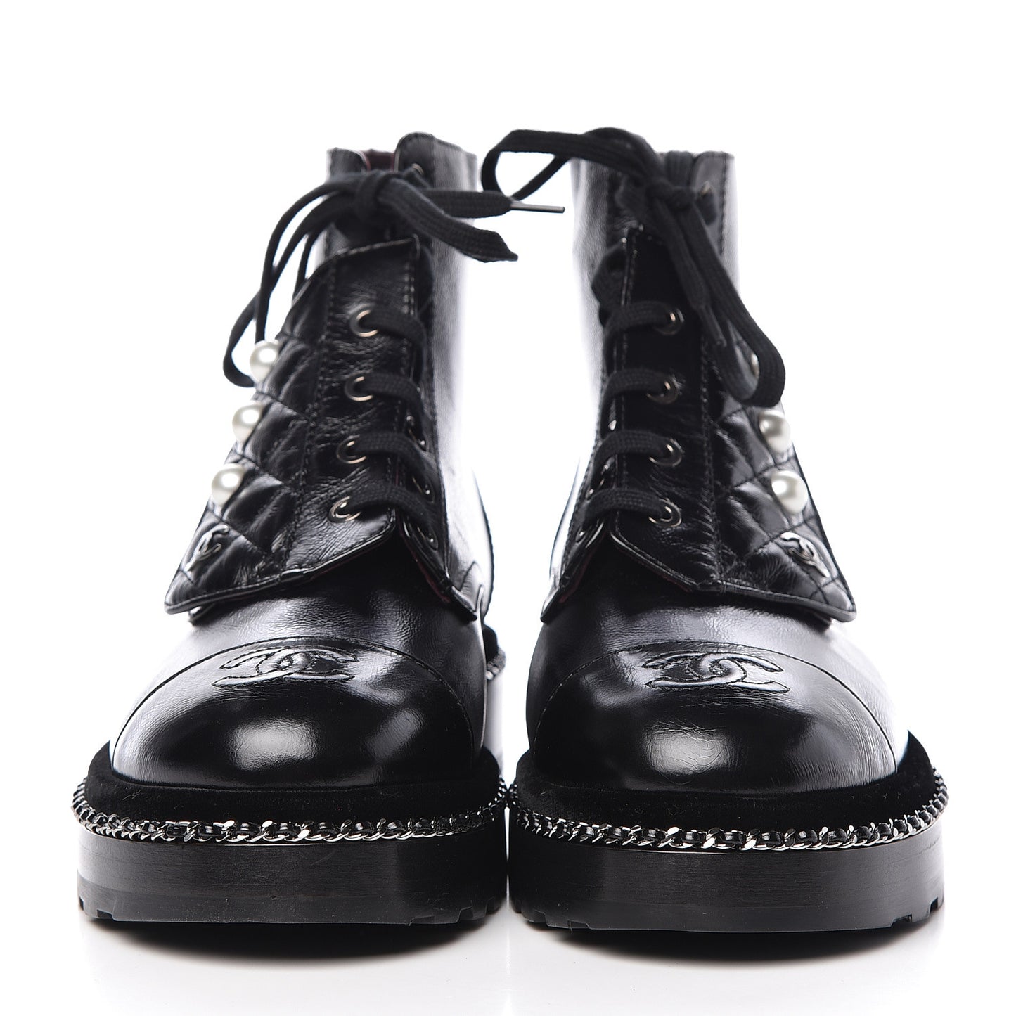 Crackled Calfskin Velvet Pearl Combat Short Boots 37.5 Black