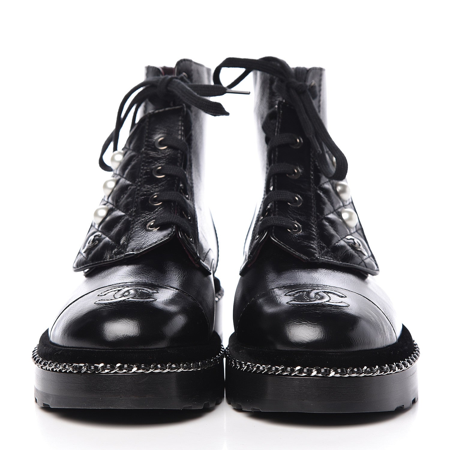 Chanel Crackled Calfskin Velvet Pearl Combat Short Boots 37.5 Black 2 of 8