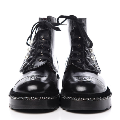 Chanel Crackled Calfskin Velvet Pearl Combat Short Boots 37.5 Black 2 of 8