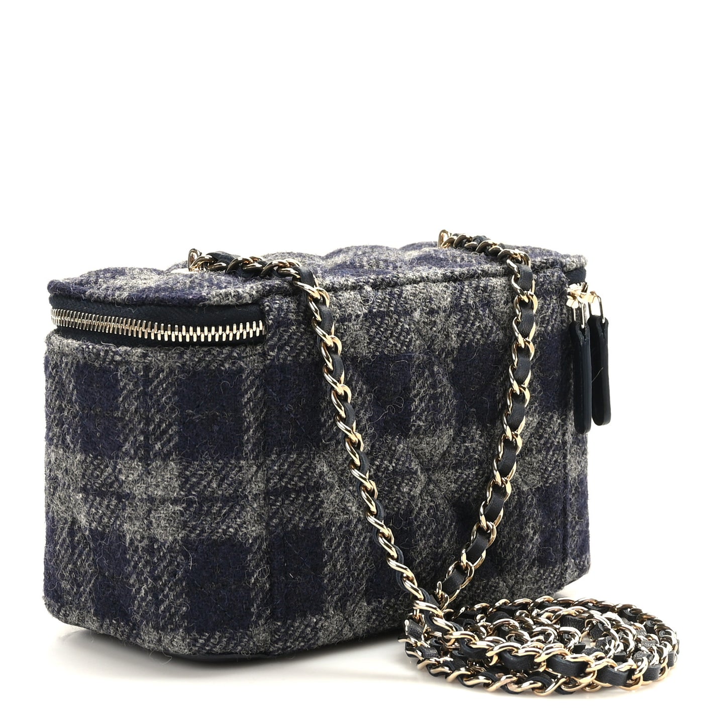 Wool Plaid Quilted Small Vanity Case With Chain Blue