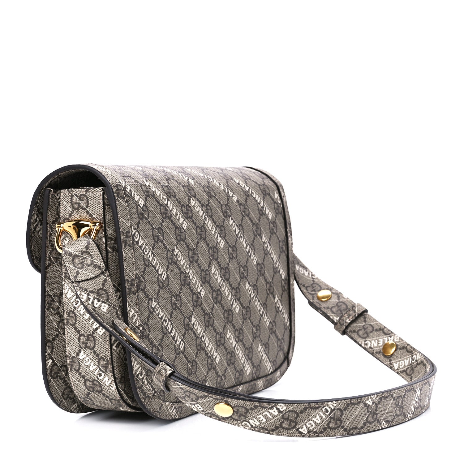 Gucci X BALENCIAGA GG Supreme Monogram Logo Print Horsebit 1955 Shoulder Bag Beige Ebony 3 of 11