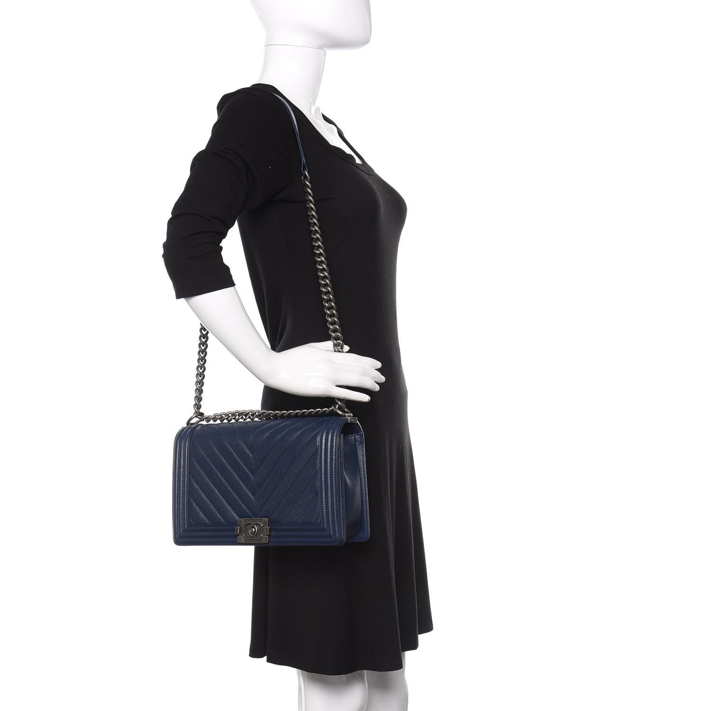 Caviar Chevron Quilted New Medium Boy Flap Dark Navy Blue